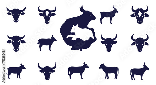 Graphic set of dark blue bull, ox, and buffalo silhouettes, featuring various poses and a central negative space calf logo.
