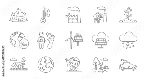 Hand-drawn doodle icon set illustrating climate change, global warming, and environmental conservation.
