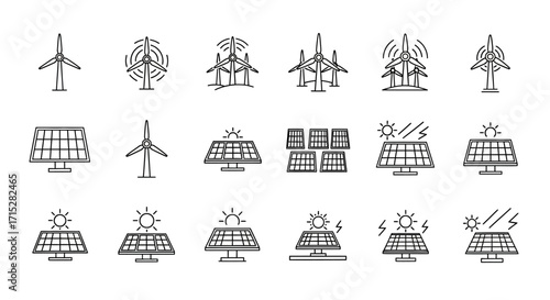 Hand-drawn line art icons of wind turbines and solar panels for renewable energy concepts.