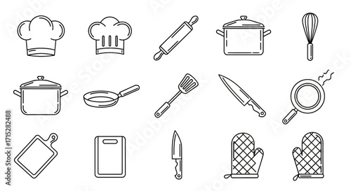 Hand-drawn kitchen utensils and chef hats outline collection, cooking tools sketch.