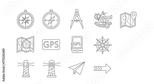 Hand-drawn line art navigation and travel icons set, including compasses, maps, lighthouses, and GPS.