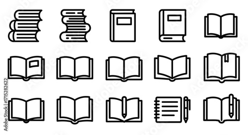 Minimalist Black Outline Vector Icons of Books, Open Books, Stacked Books, and Notebooks with Pen.