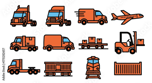 Orange Transportation Icons - Trucks, Van, Airplane, Forklift, Train, and Container.