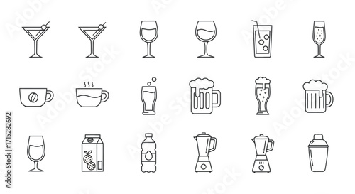 Outline Icons of Various Beverages and Mixers.