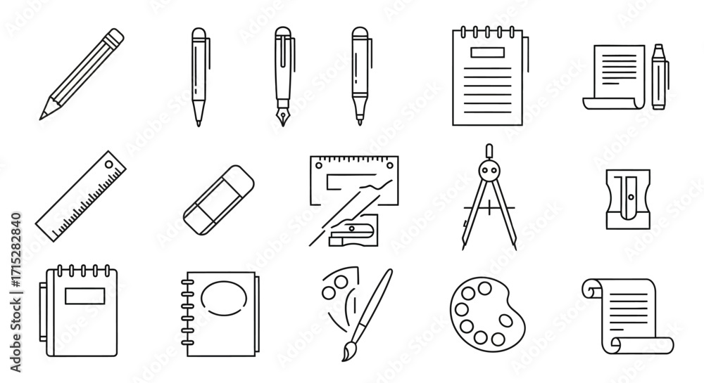 Obraz premium Set of hand-drawn stationery and art supply icons in a minimalist line art style.