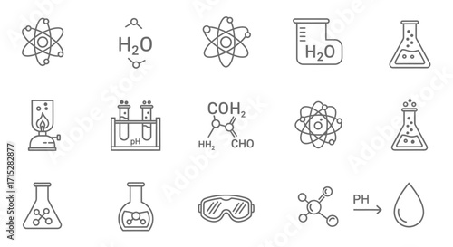 Set of thin-line science and chemistry icons featuring atoms, molecules, and laboratory glassware.