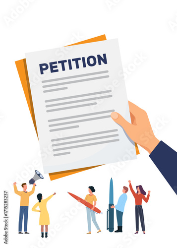 Petition concept illustration. Collective appeal. Online balloting, men and women with megaphones and pens. People signing and spreading electronic documents for government. vector stock illustration.