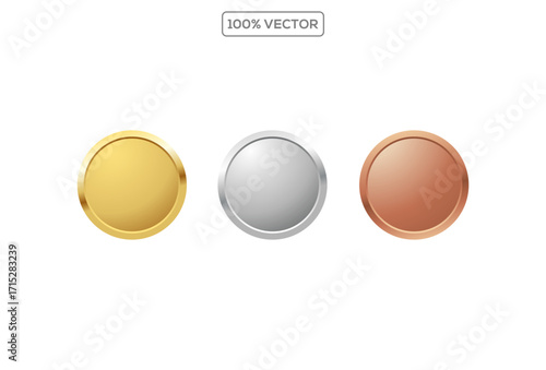 Gold, silver, bronze circle medals. Metal coins. First, second, third place award frames isolated on transparant background. Winners trophy