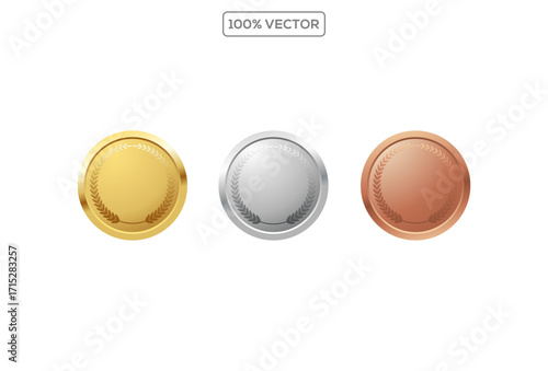 Gold, silver, bronze circle medals. Metal coins. First, second, third place award frames isolated on transparant background. Winners trophy element