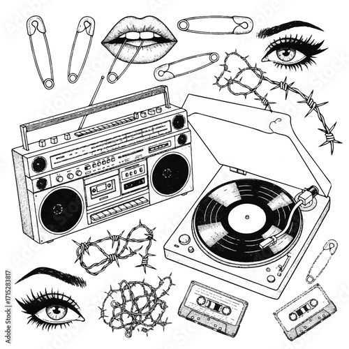 Black and white illustration of a boombox, turntable, and various music-themed objects including eyes, lips, safety pins, and barbed wire on a plain background with a dark, edgy mood.
