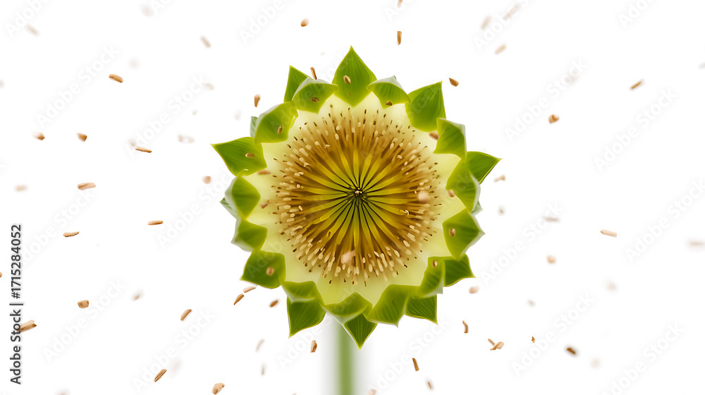 The macro captures a radial green flower bud opening with tiny seeds, creating a modern botanical aesthetic with symmetrical petals and dynamic seed scattering.