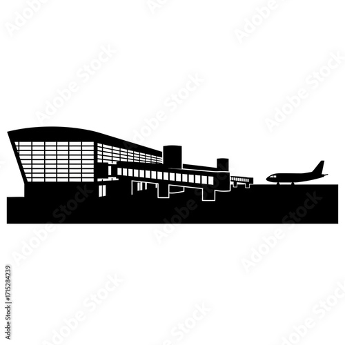 Modern airport terminal building with airplane silhouette isolated on white background