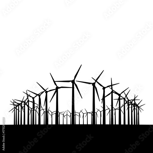 Wind turbines farm silhouette isolated on white background