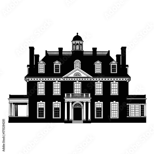Historic georgian mansion silhouette isolated on white background