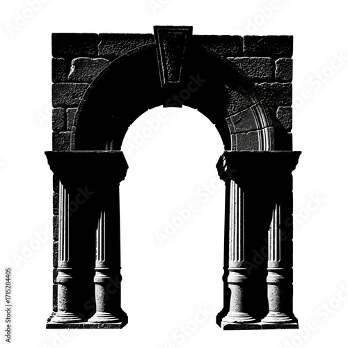 Ancient stone archway with columns silhouette isolated on white background