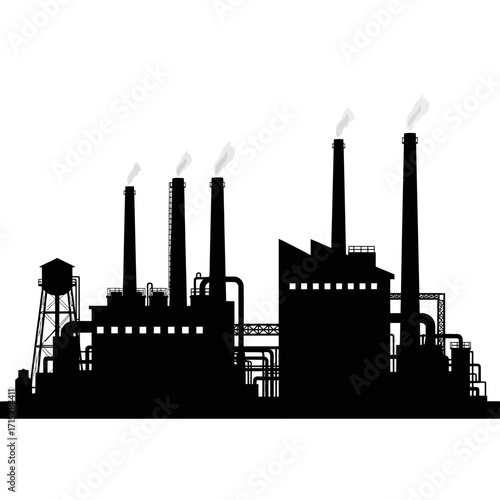 Industrial factory silhouette with smoke stacks isolated on white background