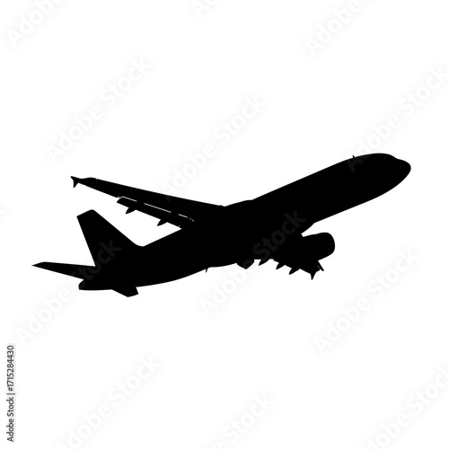 Airplane taking off in silhouette isolated on white background