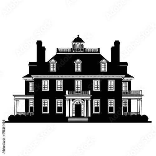 Colonial mansion silhouette isolated on white background