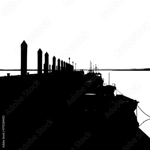 Harbor boats and posts silhouette isolated on white background