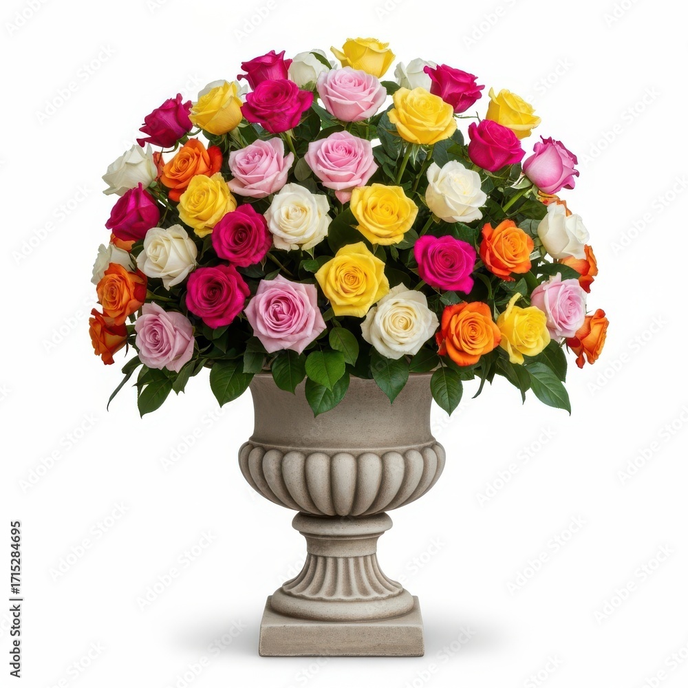 Obraz premium A large, overflowing urn filled with a vibrant bouquet of multicolored roses, isolated on a white background