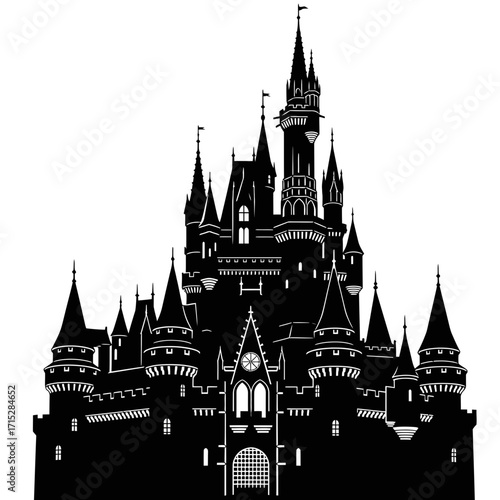 Fantasy castle silhouette isolated on white background