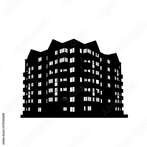 Black silhouette of a multi story apartment building isolated on white background silhouette