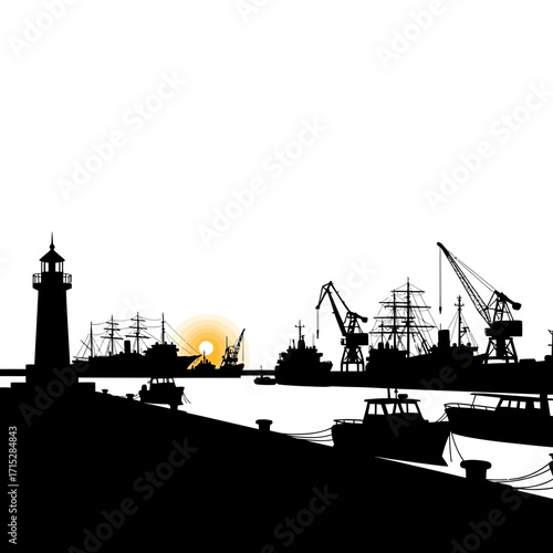 Harbor scene with ships and lighthouse silhouette isolated on white background