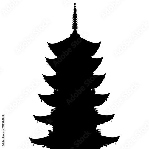 Five story japanese pagoda silhouette isolated on white background