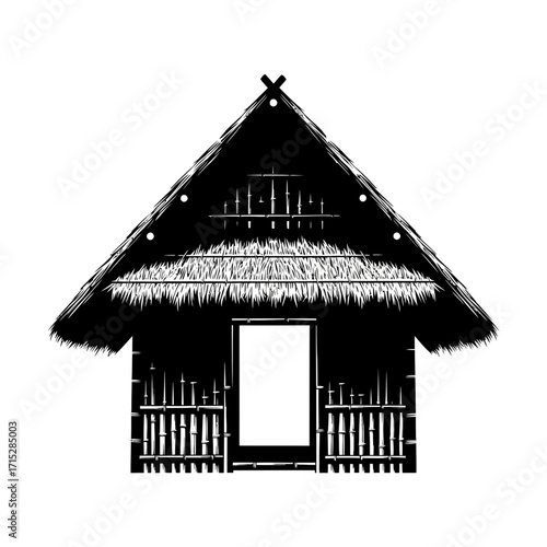 Traditional hut with thatched roof silhouette isolated on white background