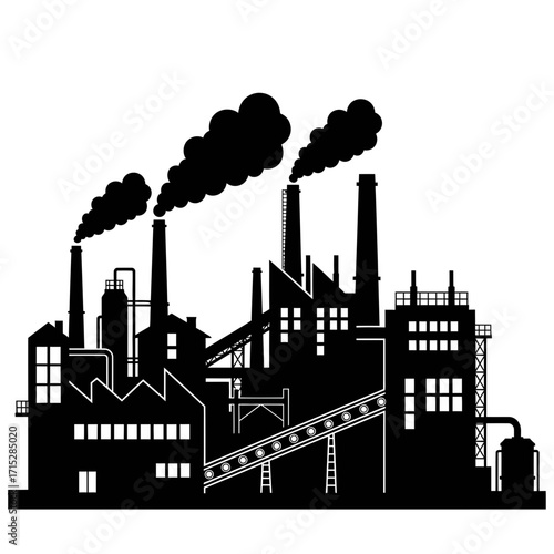 Industrial factory silhouette with smoke stacks isolated on white background