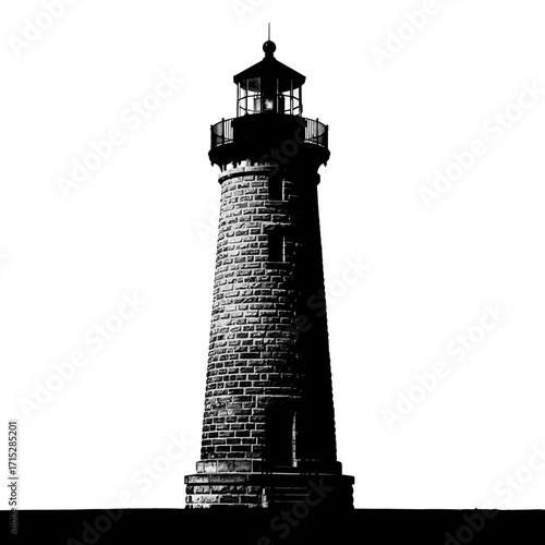 Stone lighthouse silhouette isolated on white background