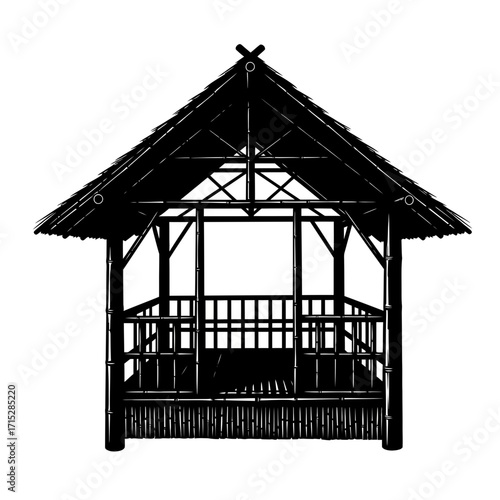 Traditional bamboo hut silhouette isolated on white background