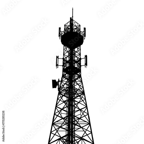 Cellular communication tower silhouette isolated on white background