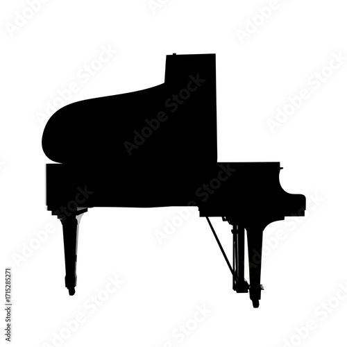 Black silhouette of a grand piano isolated on white background