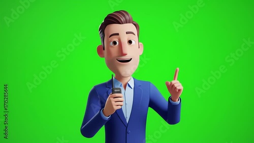 Animated Man Talking on Walkie Talkie Green Screen