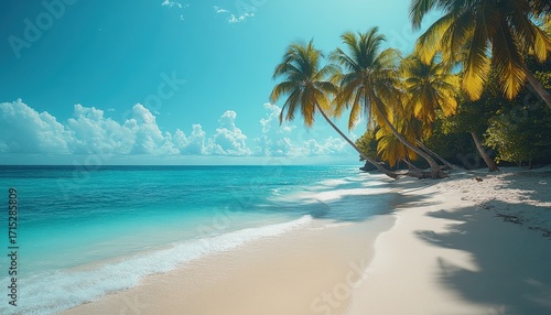 Idyllic Tropical Beach with White Sand, Turquoise Ocean, and Swaying Palm Trees