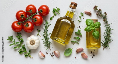 Fresh Mediterranean Cooking Ingredients with Olive Oil and Herbs