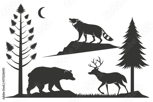 Dark silhouettes of bear wolf and deer in a forest setting with moon and trees vector