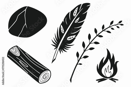 Black silhouettes of a stone feather log branch and campfire on white black and white rock