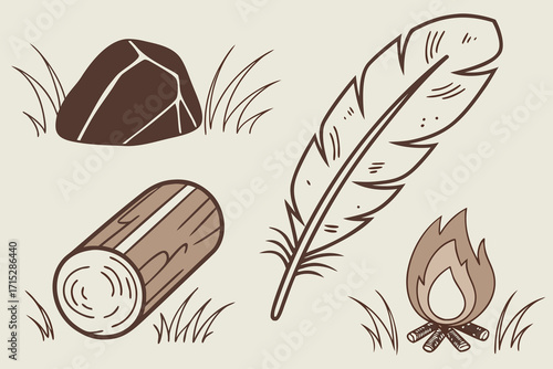 Simple illustration of campfire stone log and feather with grass wood