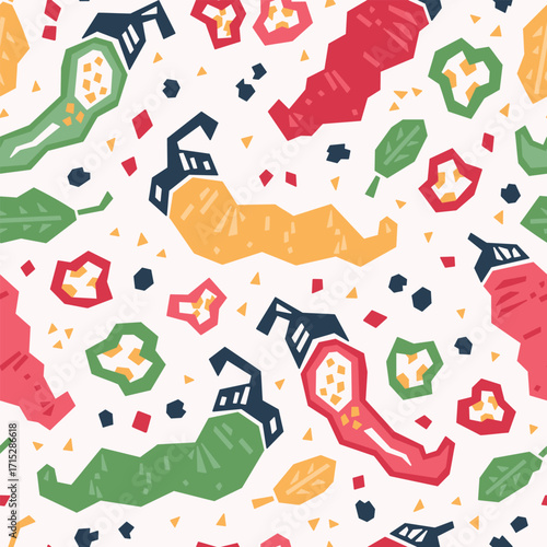 Abstract Colorful Chili Pepper Seamless Pattern. Spicy Mexican theme Background with Peppers. Multicolored Modern Spice Repeat for textile, Latino design, Ethnic print for Fabric, Wrapping Paper, Wall