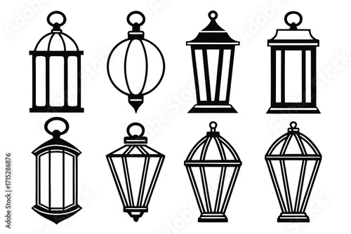 Collection of eight black silhouette lantern and candle holder shapes on white background lamp light