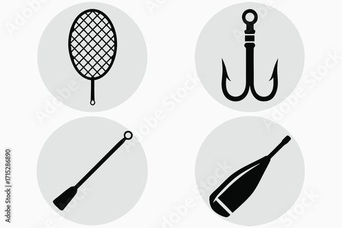 Four black silhouette icons of fishing and boating gear on light grey circles fishing hook silhouette