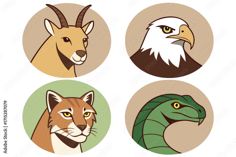 Obraz premium Four stylized animal portraits eagle mountain goat cougar snake in circles vector