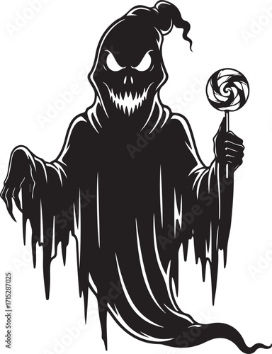 Spooky Silhouette with Candy: A haunting black silhouette of a ghoulish figure holding a swirl lollipop, exuding an eerie charm. This stark image plays with shadows and light.