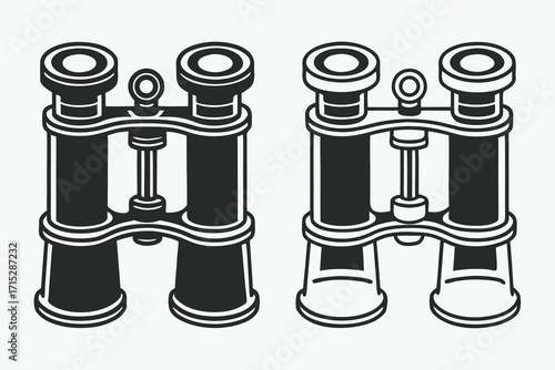 Two vintage style binoculars one solid black one outline black and white retro optical instrument