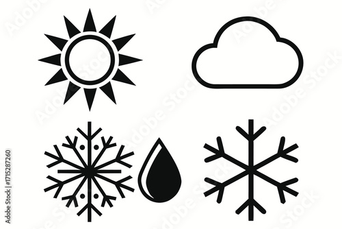 Four black abstract weather icons on white background sun cloud snowflake water drop sun icon cloud icon