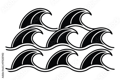 Black and white graphic illustration of eight stylized ocean waves and tides water