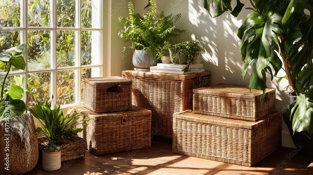 Sunlit Room with Bamboo Storage Boxes and Greenery.