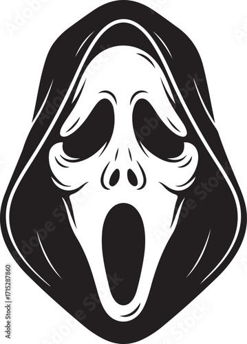 Haunting Scream: A striking, close-up monochrome portrayal of a scream mask evokes an aura of terror, suspense, and the eerie essence of the horror genre.